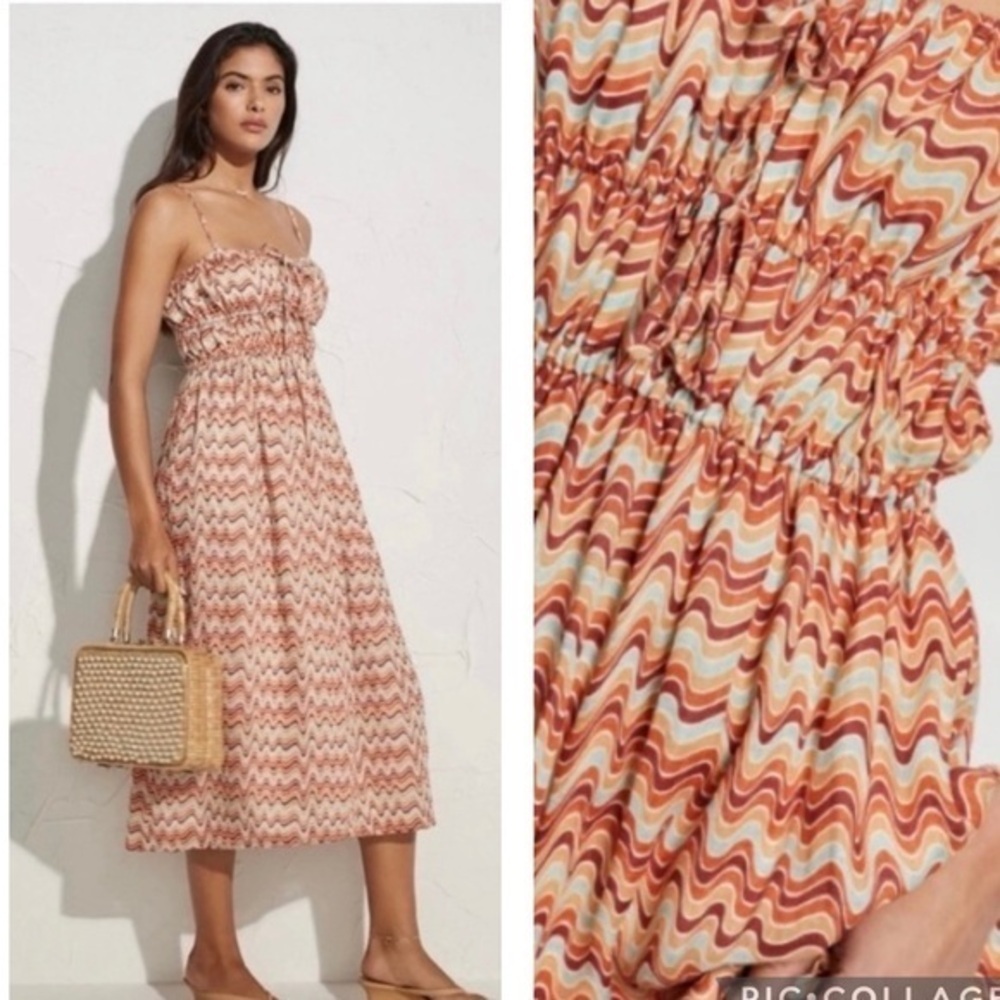 NEW Faithfull The Brand 100% Linen Orange Stripe Midi Francesca Dress